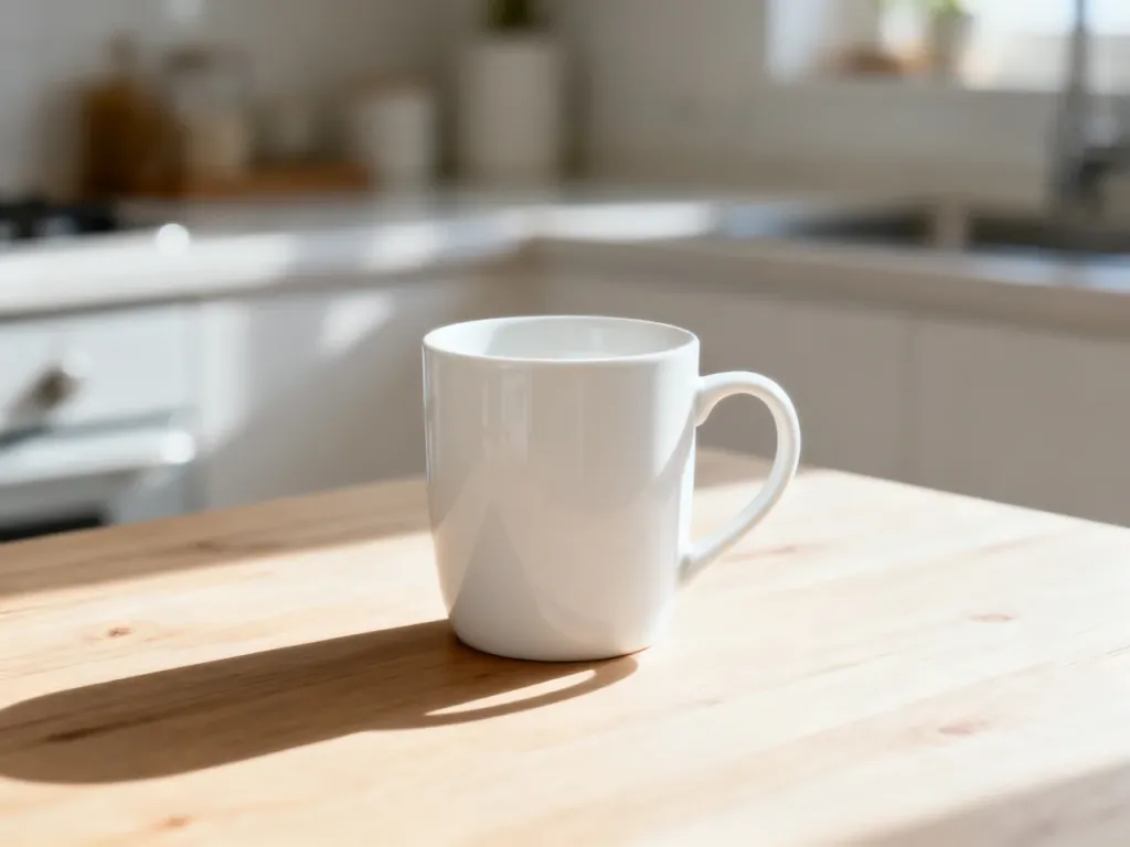 Biały ceramiczny kubek na drewnianym blacie, ilustrujący standardowe naczynia kuchenne.