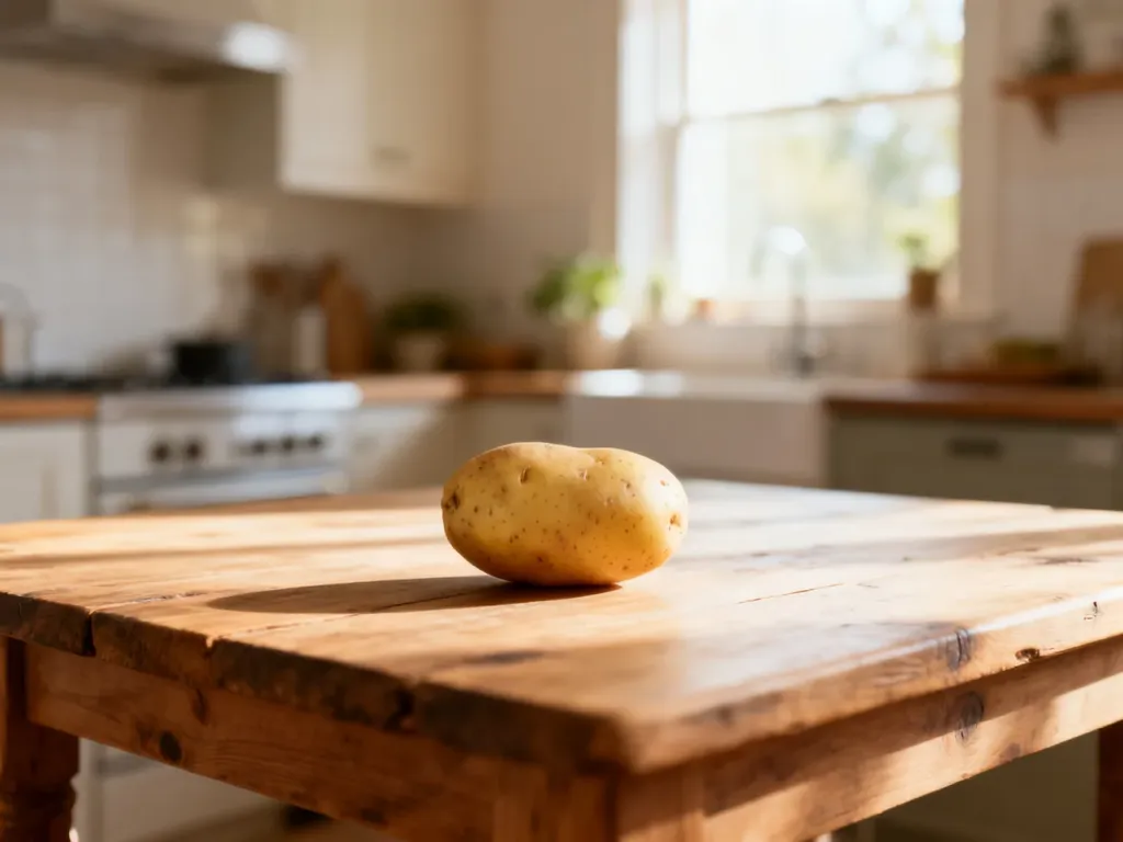 Pojedynczy, surowy ziemniak leżący na drewnianym stole kuchennym w naturalnym świetle.